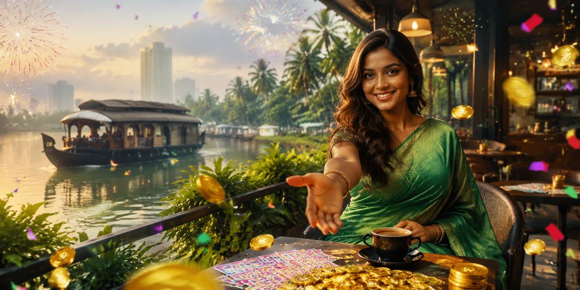 Colorful traditional Kerala backwaters setting integrated into lottery and gaming